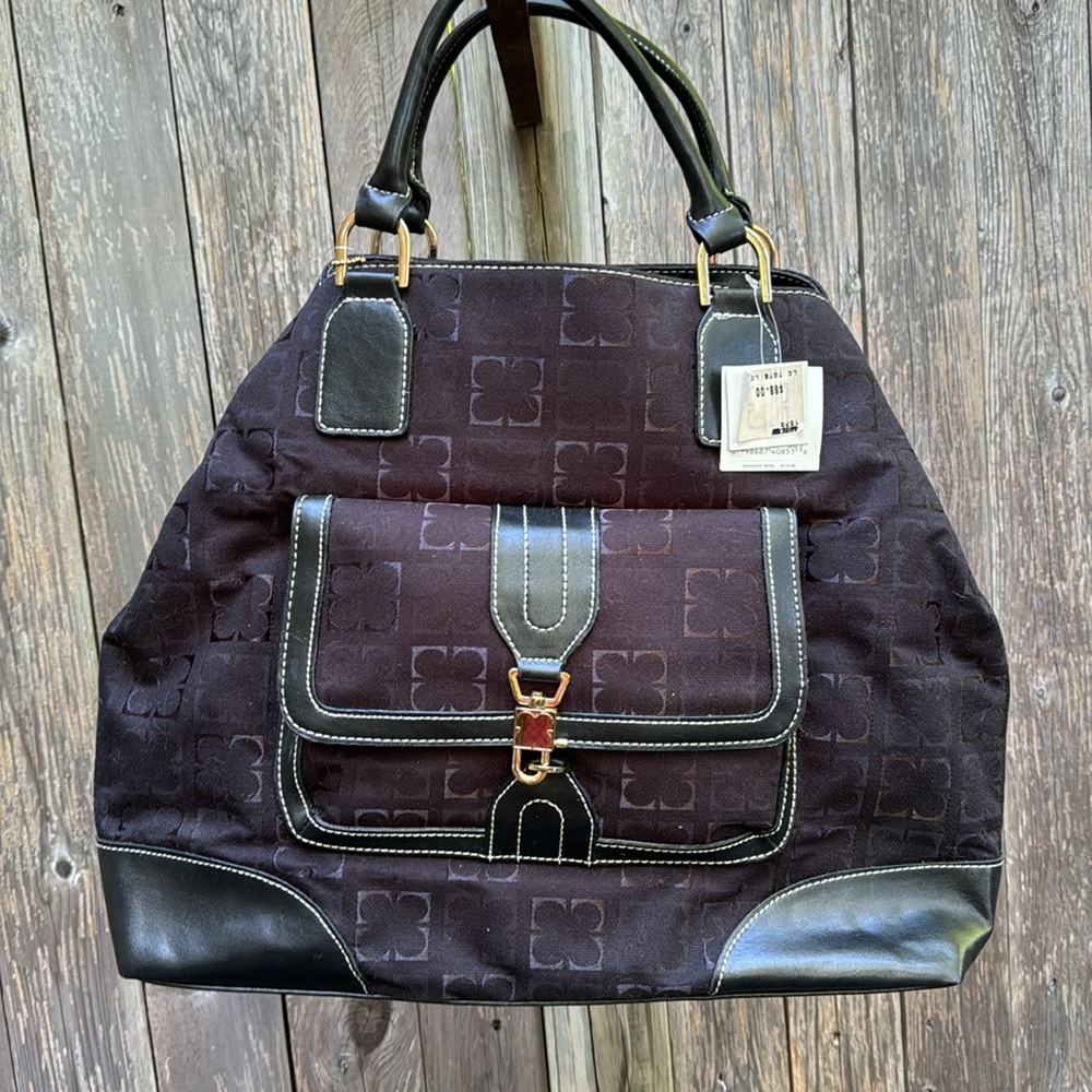 Liz Claiborne NY black on black signature fabric tote w/ black leather accents